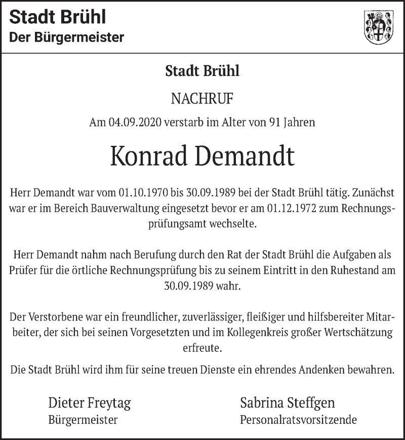  Traueranzeige für Konrad Demandt vom 25.09.2020 aus  Schlossbote/Werbekurier 