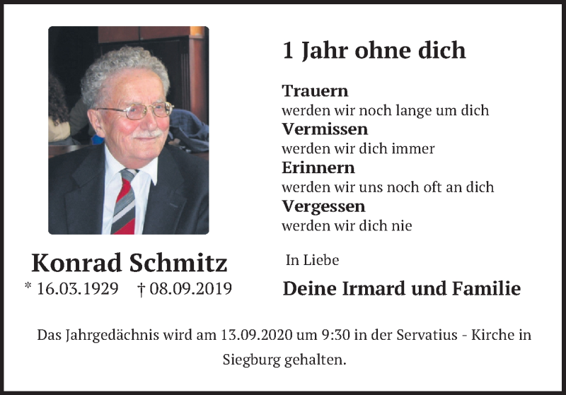  Traueranzeige für Konrad Schmitz vom 05.09.2020 aus Kölner Stadt-Anzeiger / Kölnische Rundschau / Express