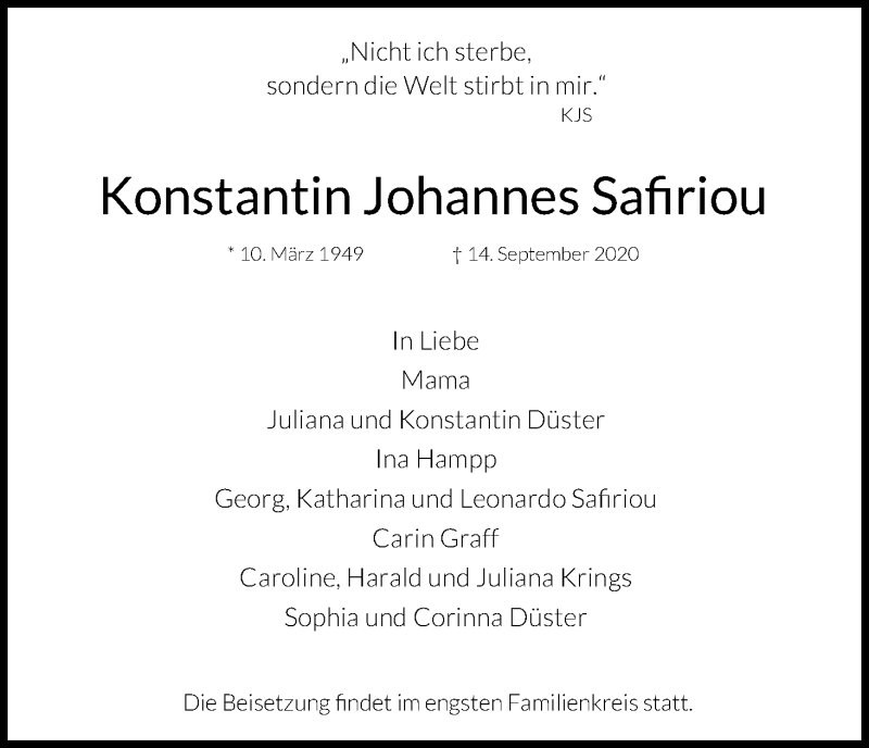  Traueranzeige für Konstantin Johannes Safiriou vom 19.09.2020 aus Kölner Stadt-Anzeiger / Kölnische Rundschau / Express