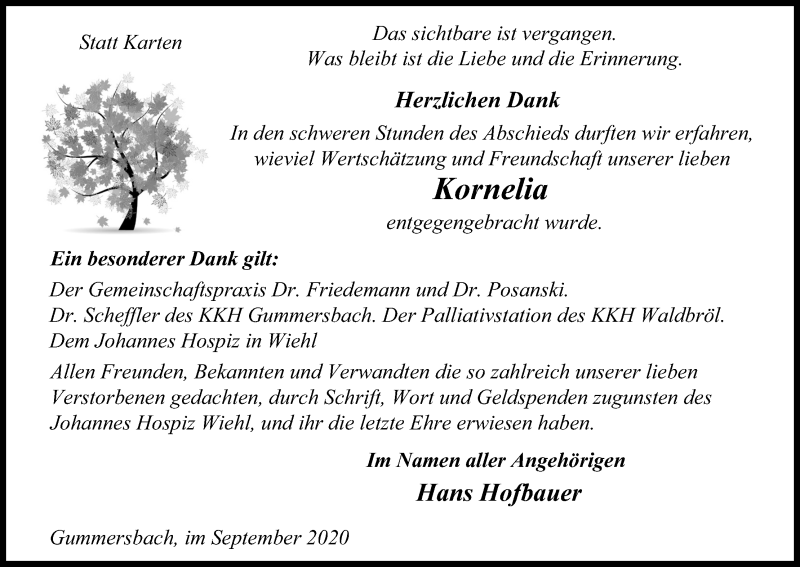  Traueranzeige für Kornelia  vom 12.09.2020 aus Kölner Stadt-Anzeiger / Kölnische Rundschau / Express