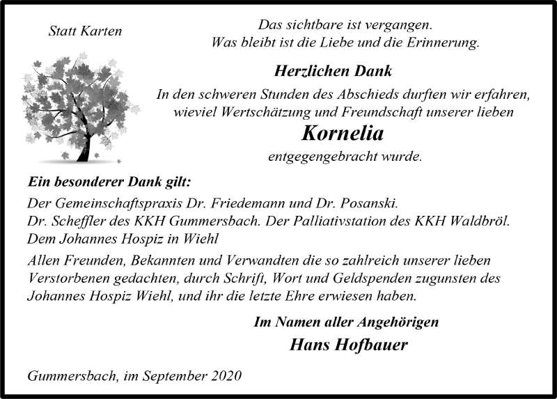 Traueranzeige für Kornelia Hofbauer vom 11.09.2020 aus  Anzeigen Echo 
