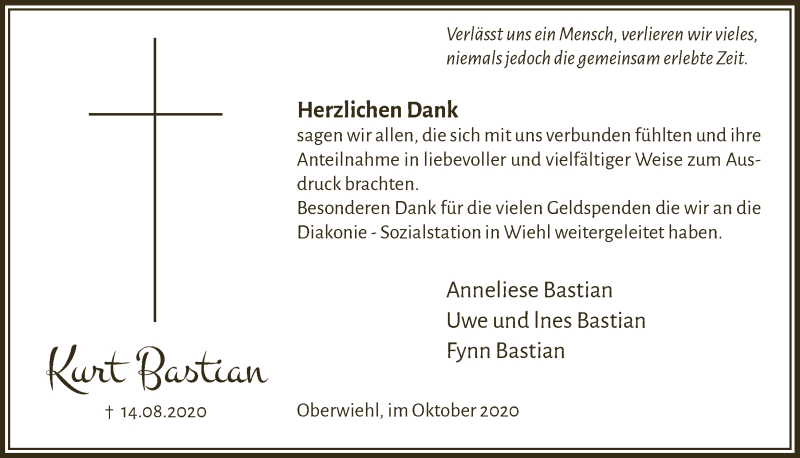  Traueranzeige für Kurt Bastian vom 01.10.2020 aus  Anzeigen Echo 
