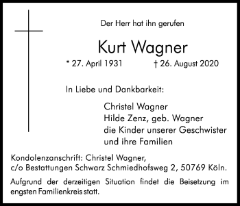 Anzeige von Kurt Wagner von Kölner Stadt-Anzeiger / Kölnische Rundschau / Express