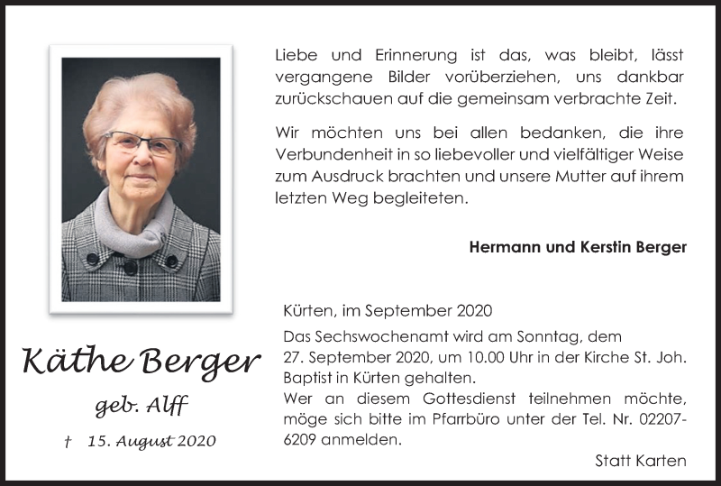 Traueranzeige für Käthe Berger vom 19.09.2020 aus Kölner Stadt-Anzeiger / Kölnische Rundschau / Express