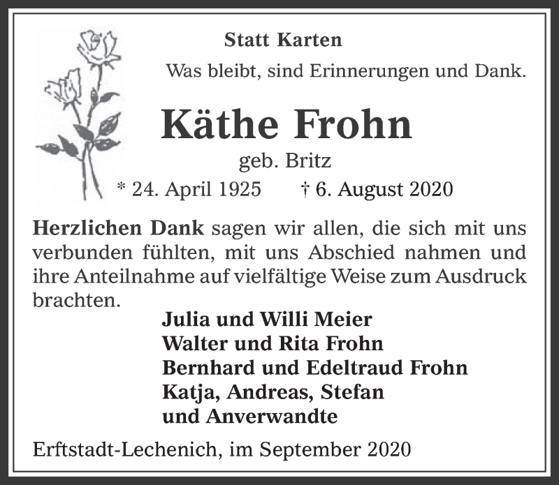  Traueranzeige für Käthe Frohn vom 18.09.2020 aus  Werbepost 