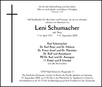 Anzeige von Leni Schumacher von Kölner Stadt-Anzeiger / Kölnische Rundschau / Express