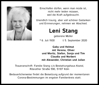 Anzeige von Leni Stang von Kölner Stadt-Anzeiger / Kölnische Rundschau / Express