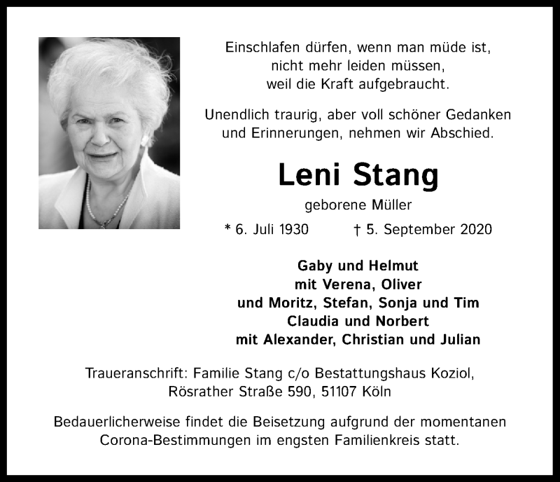  Traueranzeige für Leni Stang vom 12.09.2020 aus Kölner Stadt-Anzeiger / Kölnische Rundschau / Express