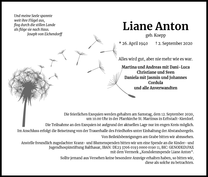  Traueranzeige für Liane Anton vom 09.09.2020 aus Kölner Stadt-Anzeiger / Kölnische Rundschau / Express