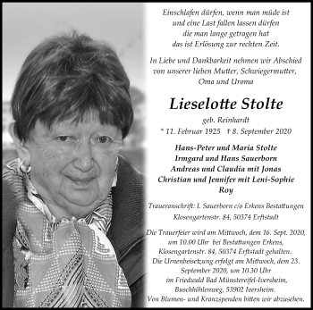 Anzeige von Lieselotte Stolte von Kölner Stadt-Anzeiger / Kölnische Rundschau / Express