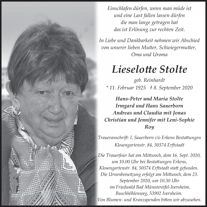  Traueranzeige für Lieselotte Stolte vom 18.09.2020 aus  Werbepost 
