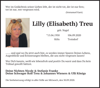 Anzeige von Lilly  Treu von Kölner Stadt-Anzeiger / Kölnische Rundschau / Express
