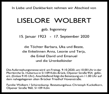 Anzeige von Liselore Wolbert von Kölner Stadt-Anzeiger / Kölnische Rundschau / Express
