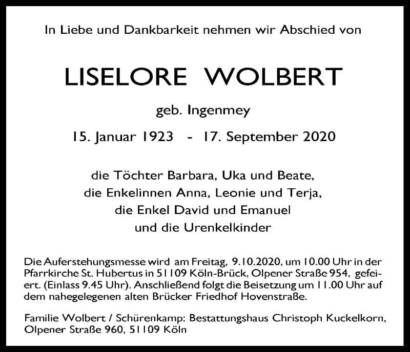  Traueranzeige für Liselore Wolbert vom 26.09.2020 aus Kölner Stadt-Anzeiger / Kölnische Rundschau / Express