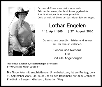 Anzeige von Lothar Engelen von Kölner Stadt-Anzeiger / Kölnische Rundschau / Express