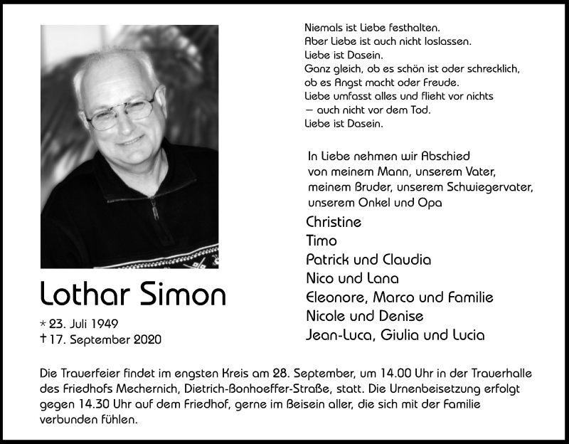  Traueranzeige für Lothar Simon vom 23.09.2020 aus Kölner Stadt-Anzeiger / Kölnische Rundschau / Express