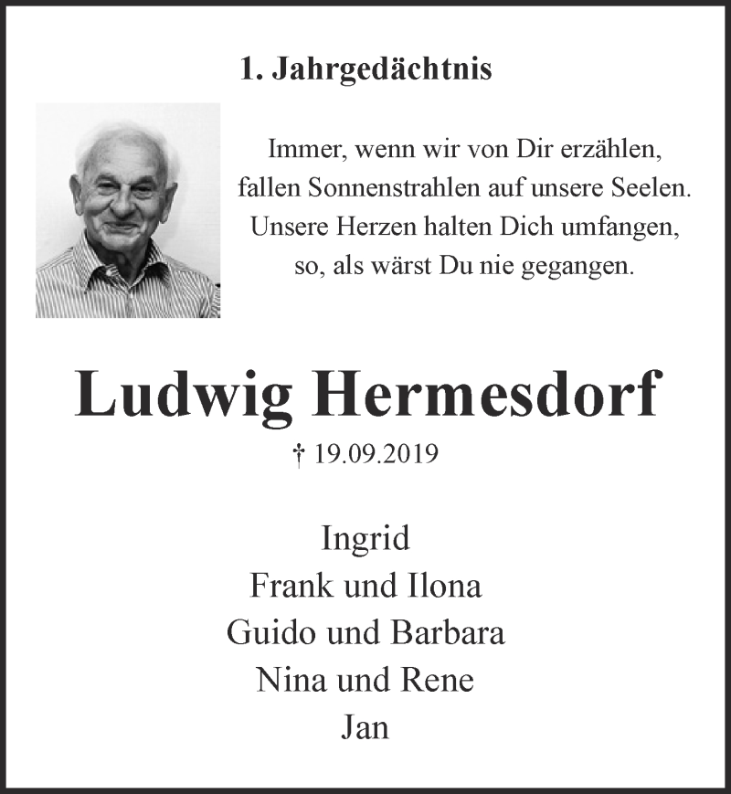  Traueranzeige für Ludwig Hermesdorf vom 18.09.2020 aus  Kölner Wochenspiegel 