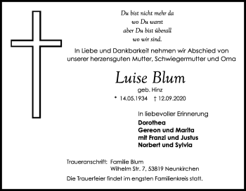 Anzeige von Luise Blum von Kölner Stadt-Anzeiger / Kölnische Rundschau / Express