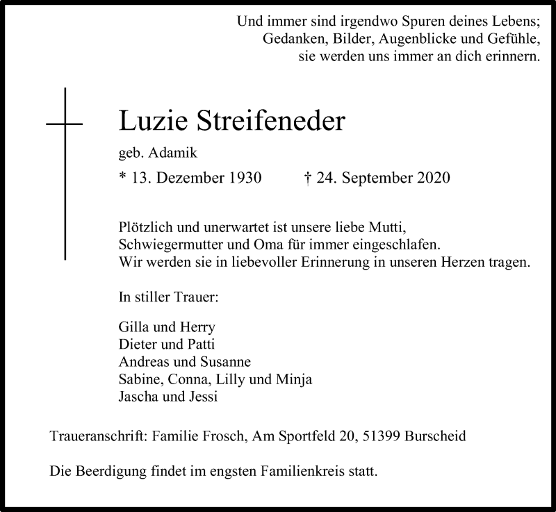  Traueranzeige für Luzie Streifeneder vom 30.09.2020 aus Kölner Stadt-Anzeiger / Kölnische Rundschau / Express
