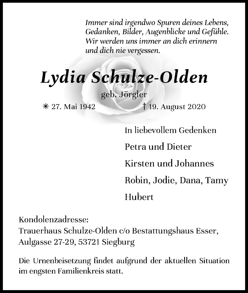  Traueranzeige für Lydia Schulze-Olden vom 05.09.2020 aus Kölner Stadt-Anzeiger / Kölnische Rundschau / Express
