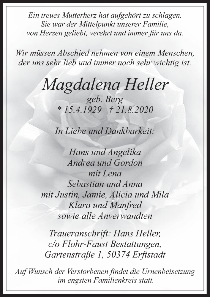  Traueranzeige für Magdalena Heller vom 04.09.2020 aus  Werbepost 