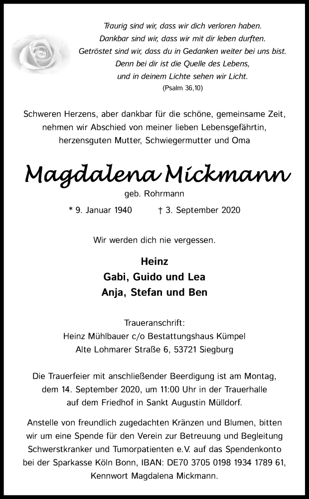  Traueranzeige für Magdalena Mickmann vom 08.09.2020 aus Kölner Stadt-Anzeiger / Kölnische Rundschau / Express