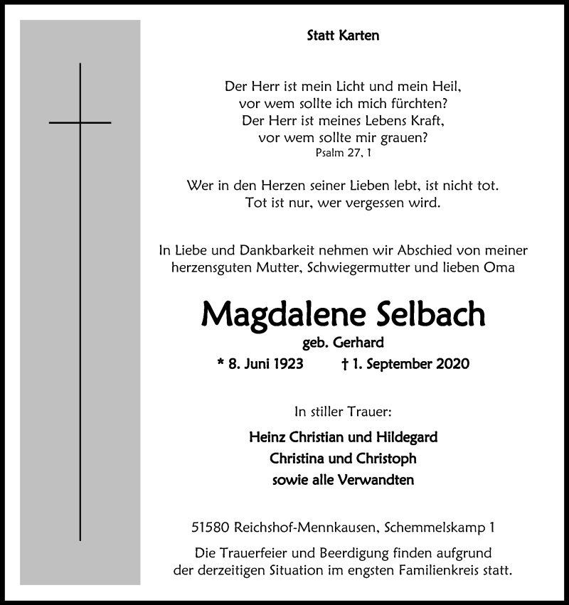  Traueranzeige für Magdalene Selbach vom 05.09.2020 aus Kölner Stadt-Anzeiger / Kölnische Rundschau / Express