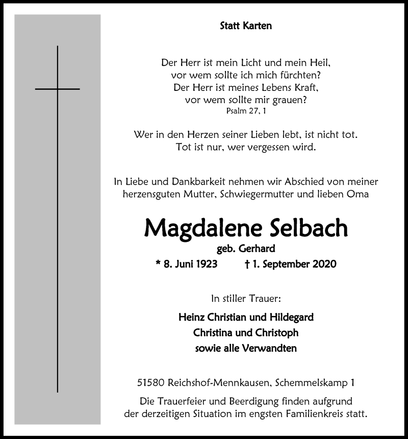  Traueranzeige für Magdalene Selbach vom 04.09.2020 aus  Anzeigen Echo 