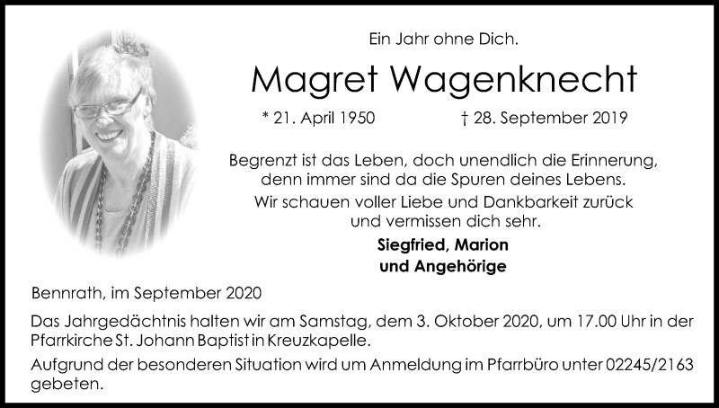  Traueranzeige für Magret Wagenknecht vom 26.09.2020 aus Kölner Stadt-Anzeiger / Kölnische Rundschau / Express