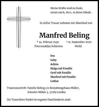 Anzeige von Manfred Beling von Kölner Stadt-Anzeiger / Kölnische Rundschau / Express