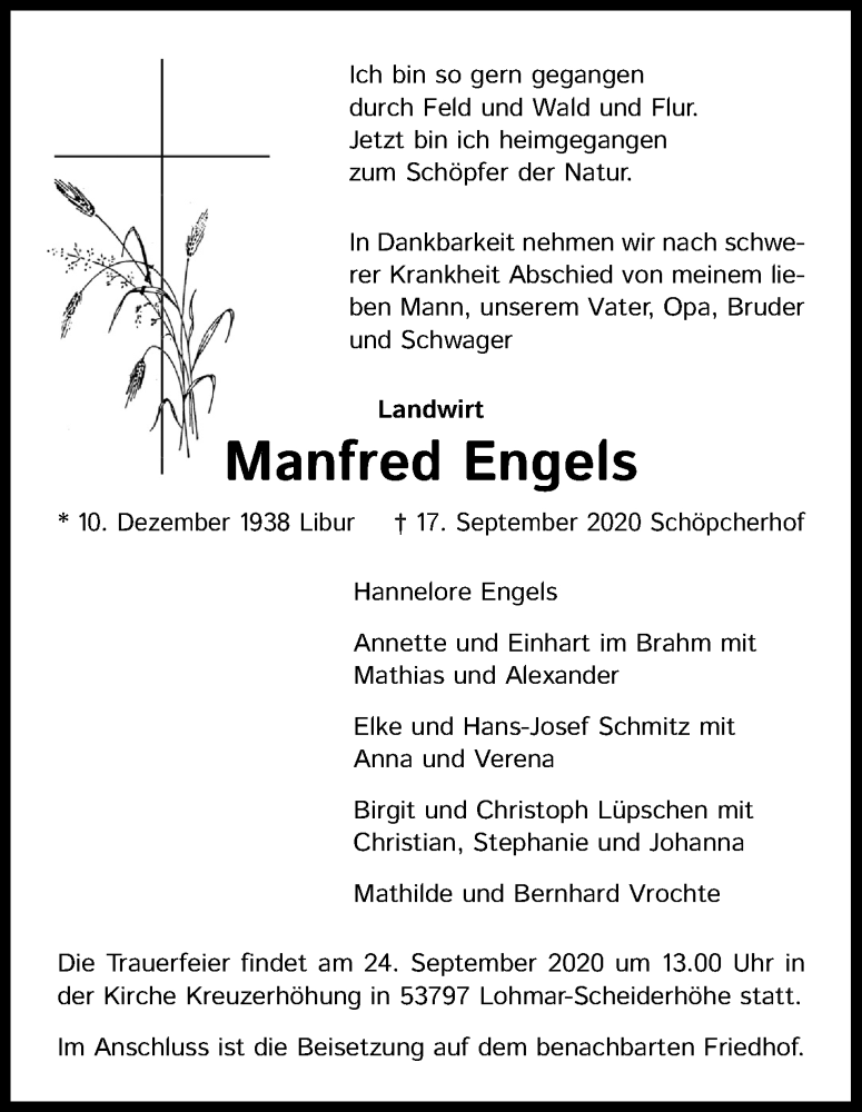  Traueranzeige für Manfred Engels vom 21.09.2020 aus Kölner Stadt-Anzeiger / Kölnische Rundschau / Express