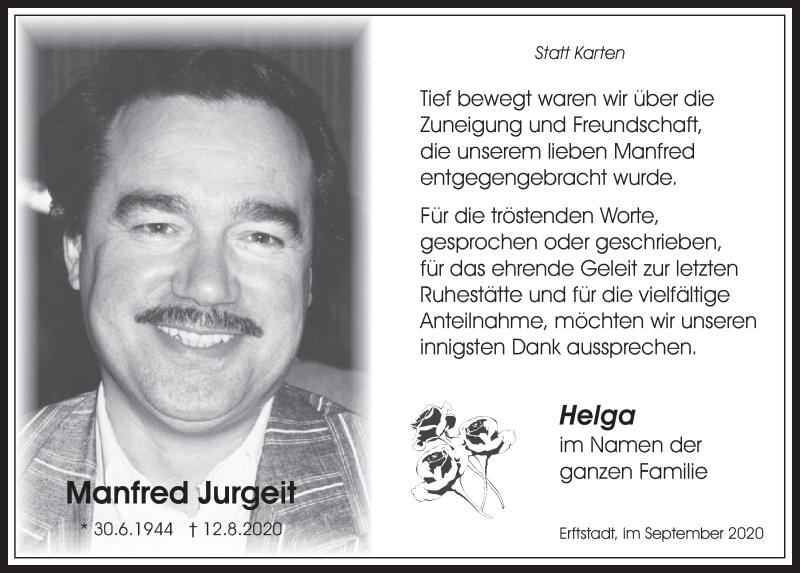  Traueranzeige für Manfred Jurgeit vom 18.09.2020 aus  Werbepost 