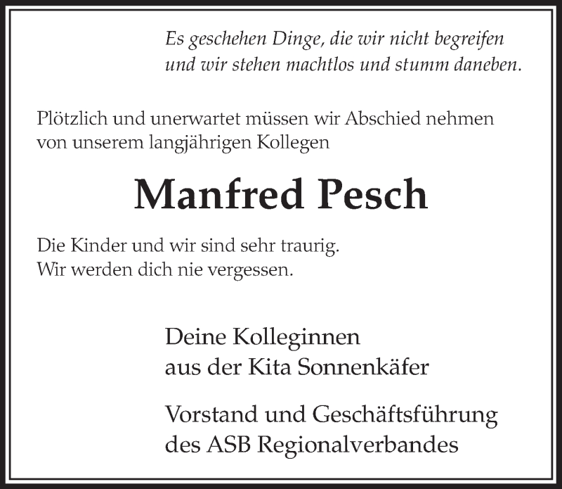  Traueranzeige für Manfred Pesch vom 18.09.2020 aus  Schlossbote/Werbekurier 