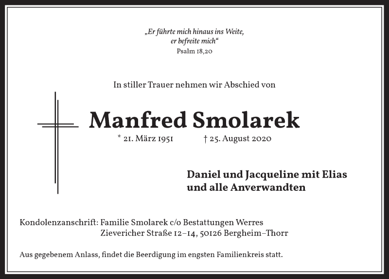  Traueranzeige für Manfred Smolarek vom 04.09.2020 aus  Werbepost 