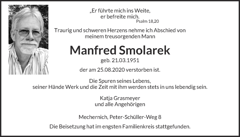 Traueranzeige für Manfred Smolarek vom 12.09.2020 aus  Blickpunkt Euskirchen 