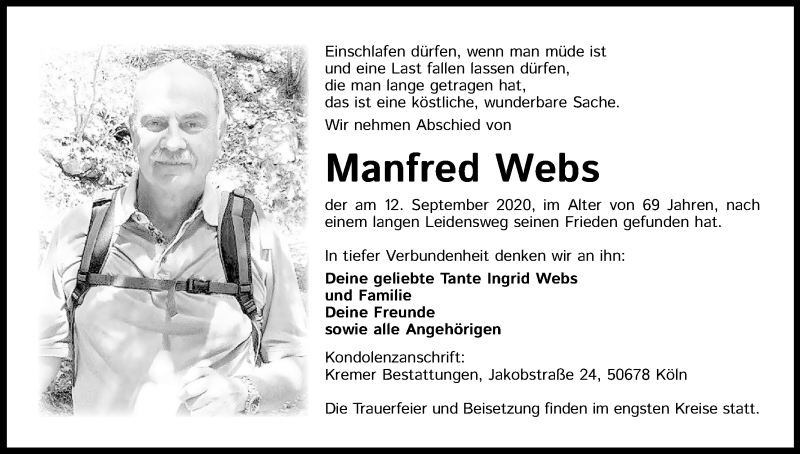  Traueranzeige für Manfred Webs vom 16.09.2020 aus Kölner Stadt-Anzeiger / Kölnische Rundschau / Express