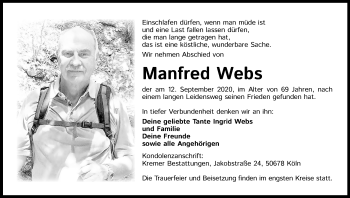 Anzeige von Manfred Webs von Kölner Stadt-Anzeiger / Kölnische Rundschau / Express