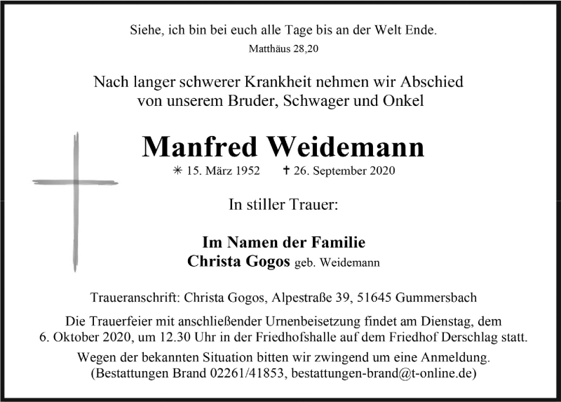  Traueranzeige für Manfred Weidemann vom 01.10.2020 aus  Anzeigen Echo 