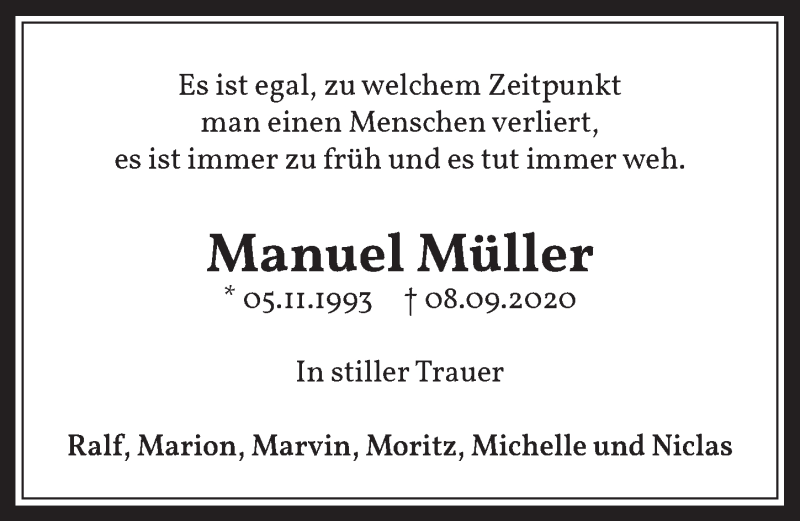  Traueranzeige für Manuel Müller vom 25.09.2020 aus  Wochenende 