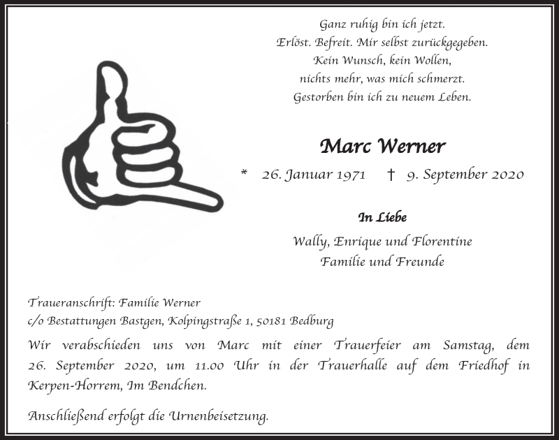  Traueranzeige für Marc Werner vom 18.09.2020 aus  Werbepost 