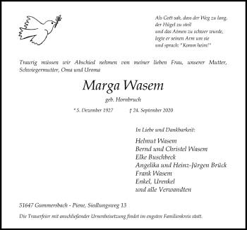 Anzeige von Marga Wasem von  Anzeigen Echo 
