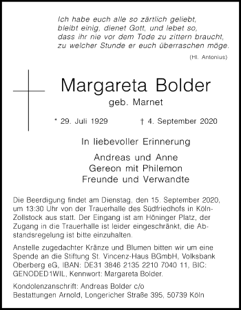 Anzeige von Margareta Bolder von Kölner Stadt-Anzeiger / Kölnische Rundschau / Express