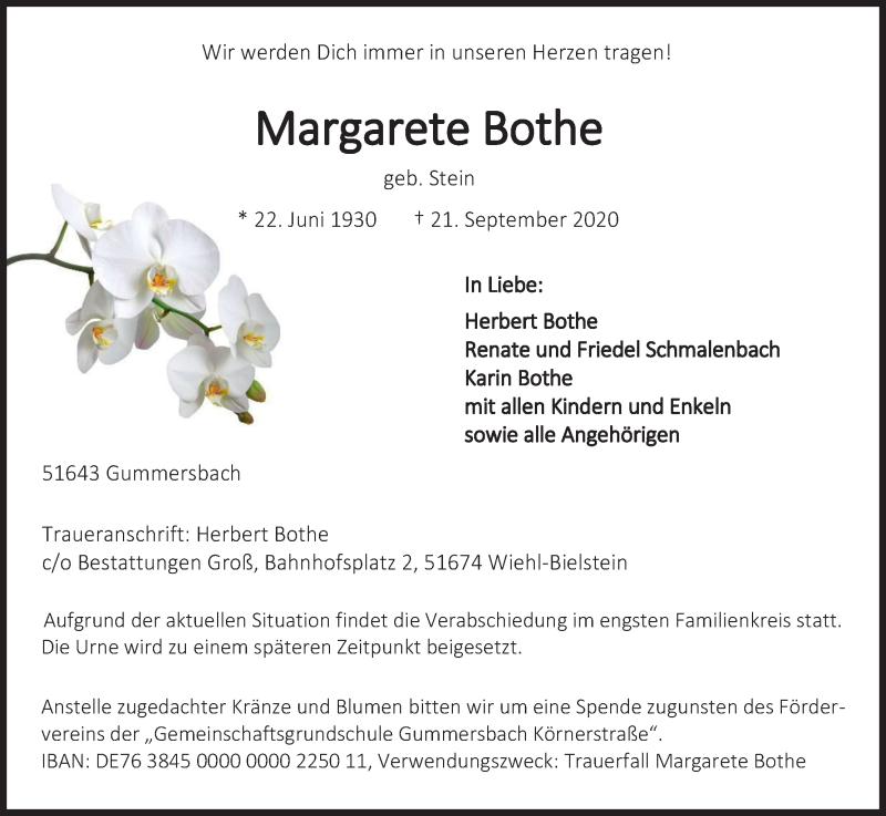  Traueranzeige für Margarete Bothe vom 25.09.2020 aus Kölner Stadt-Anzeiger / Kölnische Rundschau / Express