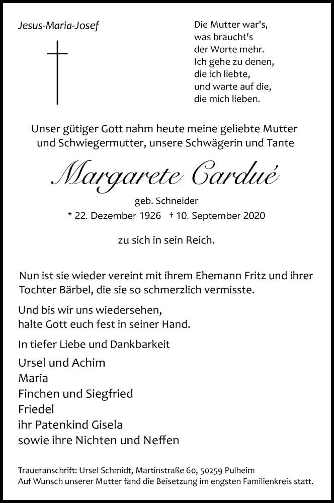  Traueranzeige für Margarete Cardue vom 26.09.2020 aus Kölner Stadt-Anzeiger / Kölnische Rundschau / Express