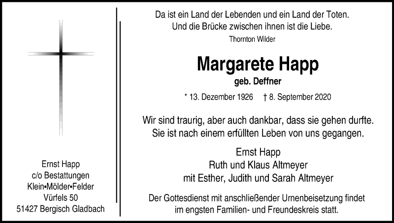  Traueranzeige für Margarete Happ vom 19.09.2020 aus Kölner Stadt-Anzeiger / Kölnische Rundschau / Express