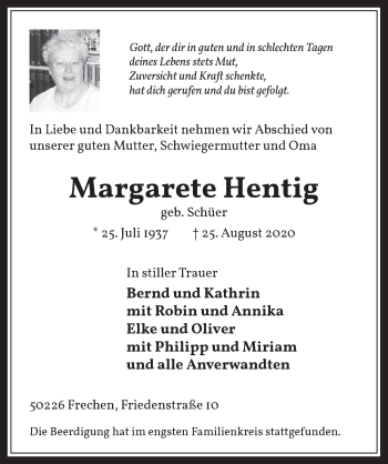 Anzeige von Margarete Hentig von  Wochenende 