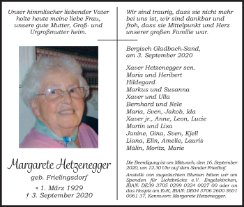 Anzeige von Margarete Hetzenegger von Kölner Stadt-Anzeiger / Kölnische Rundschau / Express