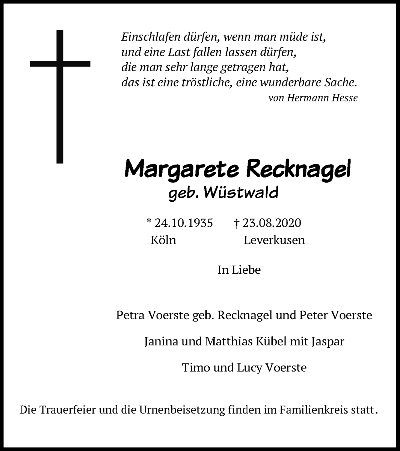  Traueranzeige für Margarete Recknagel vom 05.09.2020 aus Kölner Stadt-Anzeiger / Kölnische Rundschau / Express