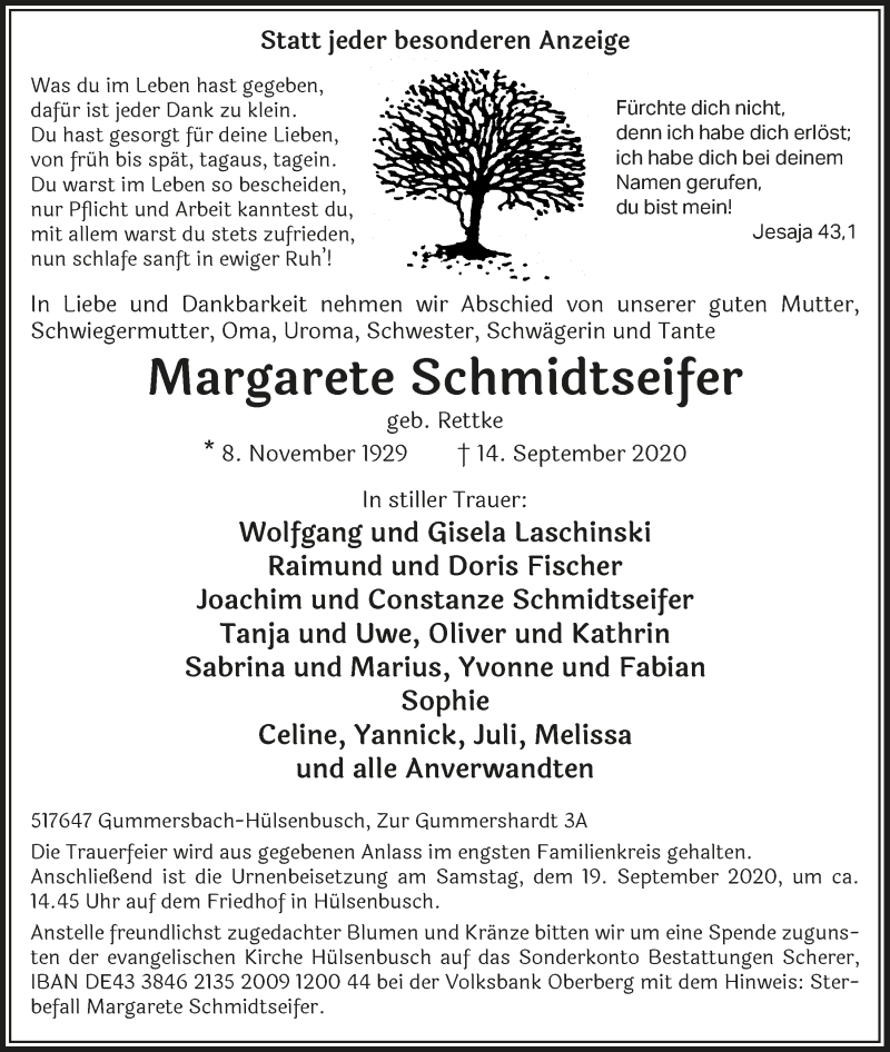  Traueranzeige für Margarete Schmidtseifer vom 18.09.2020 aus  Anzeigen Echo 
