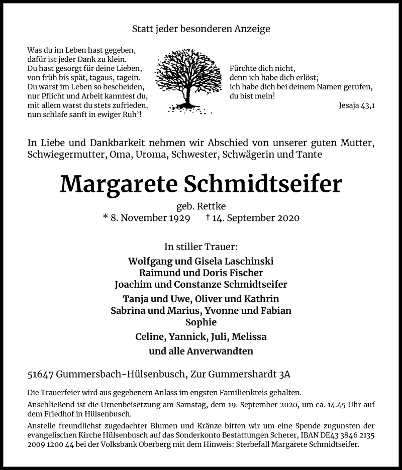  Traueranzeige für Margarete Schmidtseifer vom 16.09.2020 aus Kölner Stadt-Anzeiger / Kölnische Rundschau / Express